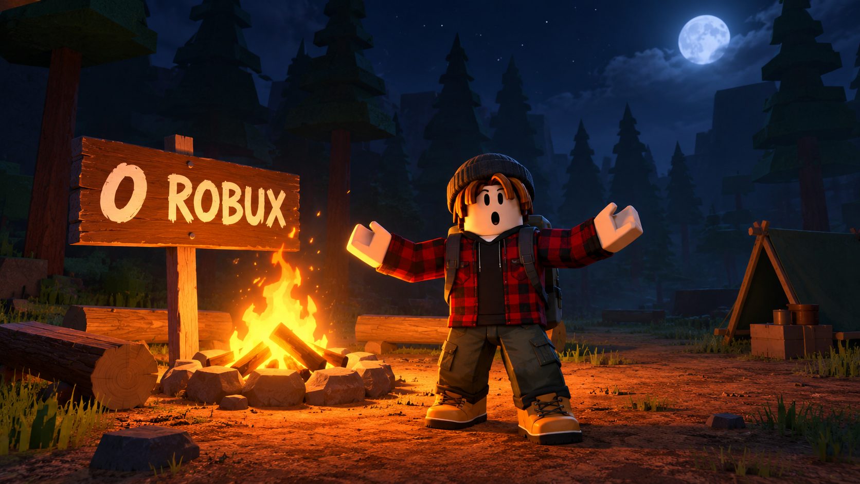 Avatar de Roblox junto a la hoguera de 99 Noches en el Bosque, en un claro vacío, con un cartel que dice 0 Robux