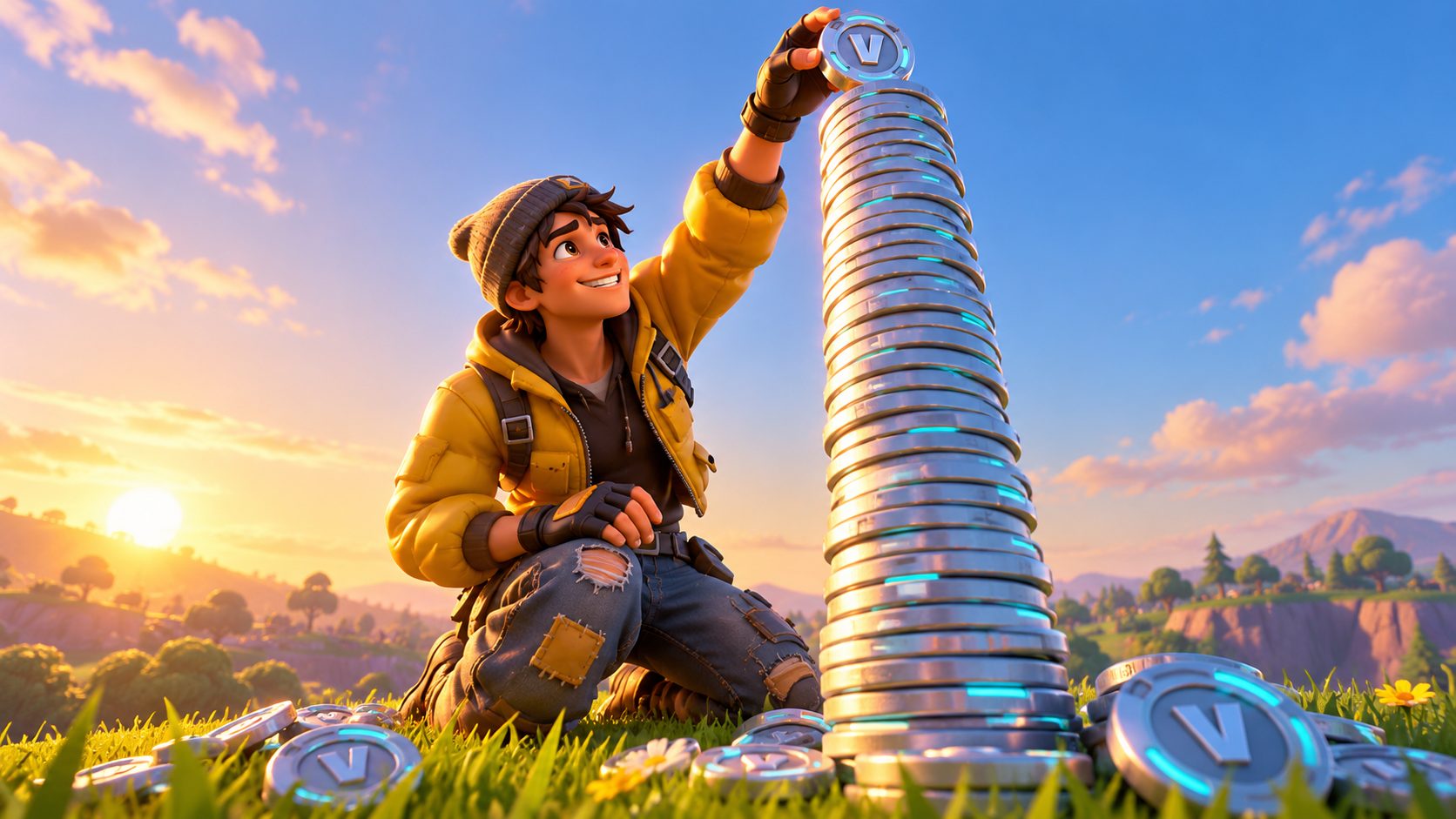 Jugador de Fortnite junto a una torre de pavos ahorrados, el truco que cuenta Tukiapkystop