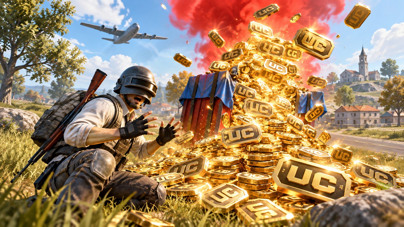 Soldado de PUBG Mobile sorprendido ante una caja de suministros llena de monedas UC en Erangel