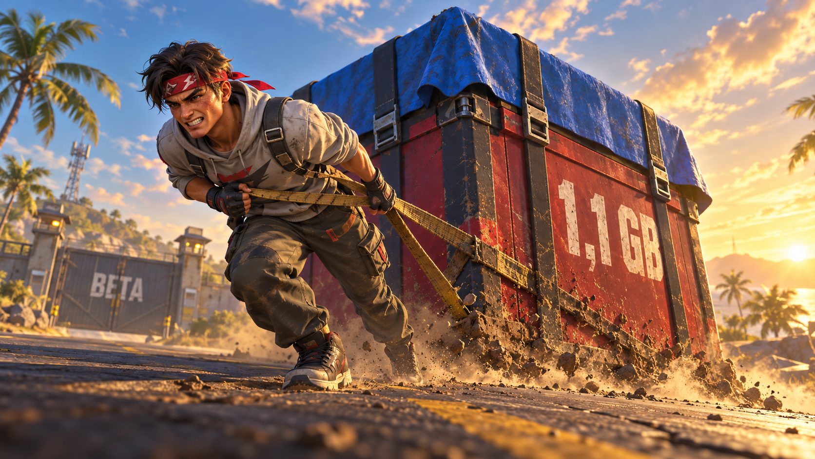 Personaje de Free Fire arrastrando con esfuerzo una caja de suministros gigante marcada con 1,1 GB delante de una puerta BETA cerrada