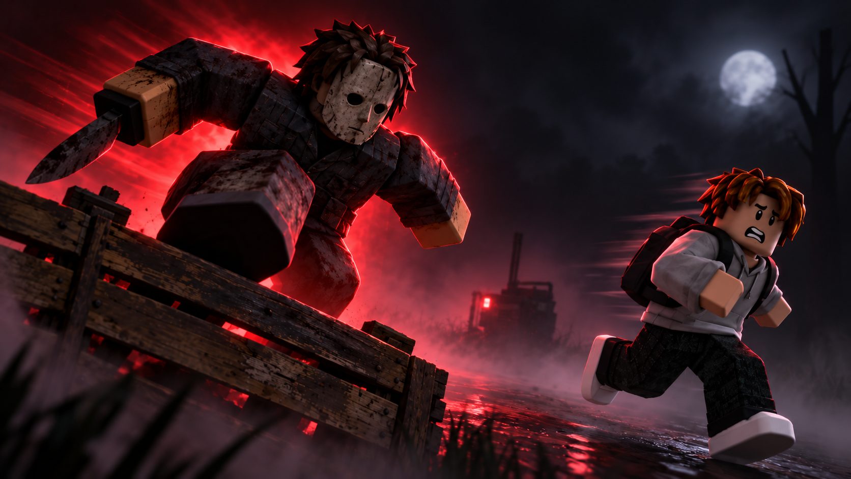Asesino de Violence District en Roblox saltando un palé tras un superviviente