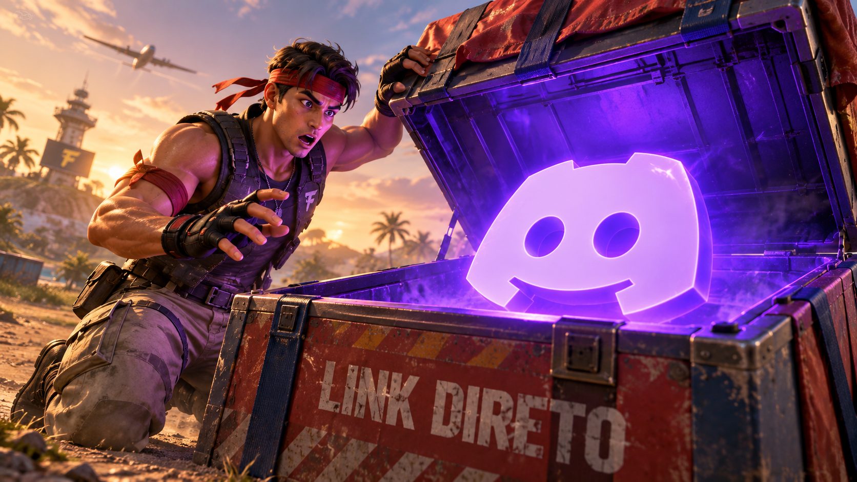 Un superviviente de Free Fire abre una caja de suministros marcada LINK DIRETO y dentro solo encuentra el logo de Discord