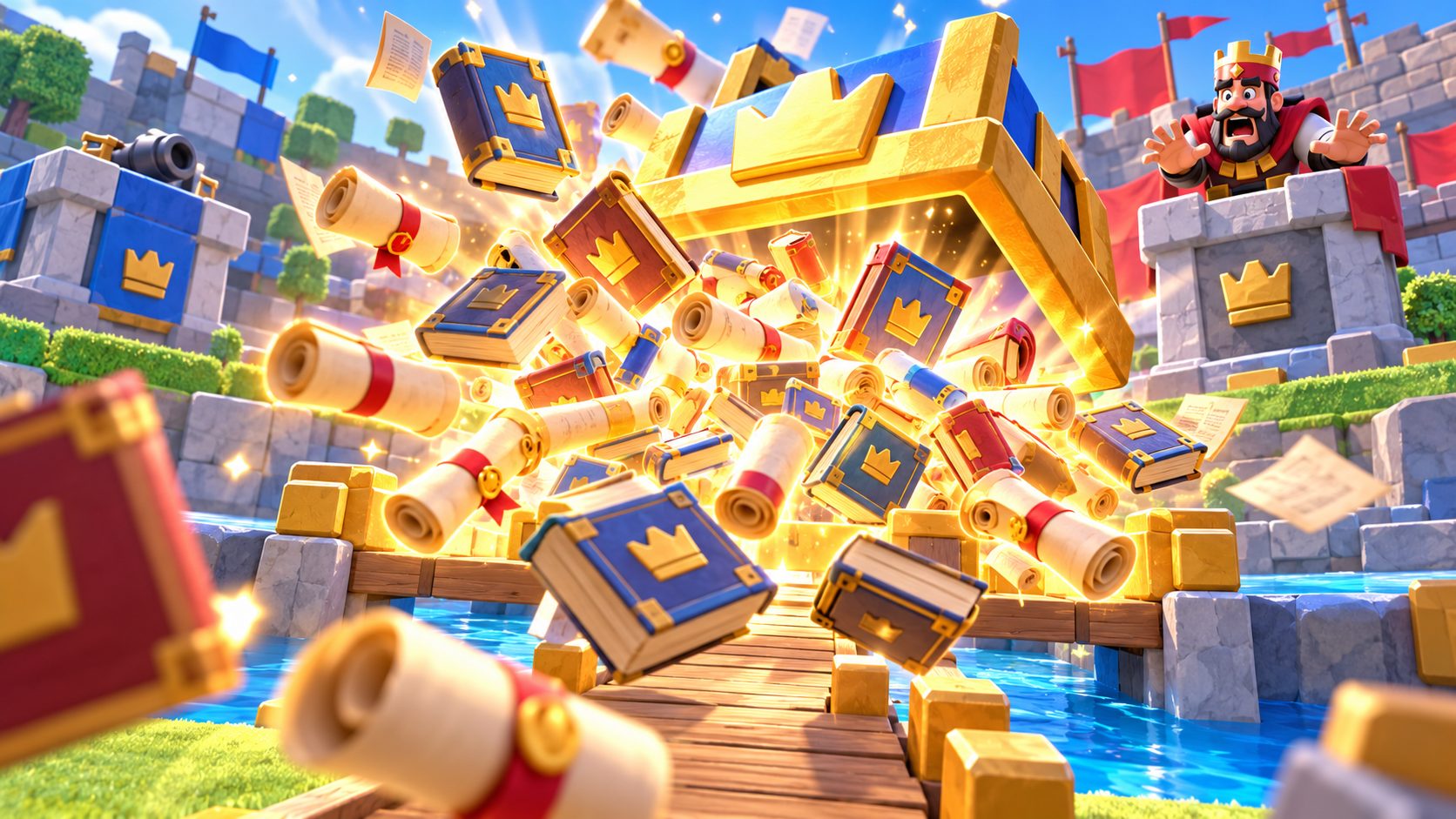 Cofre real abierto en la arena de Clash Royale del que salen pergaminos en lugar de gemas