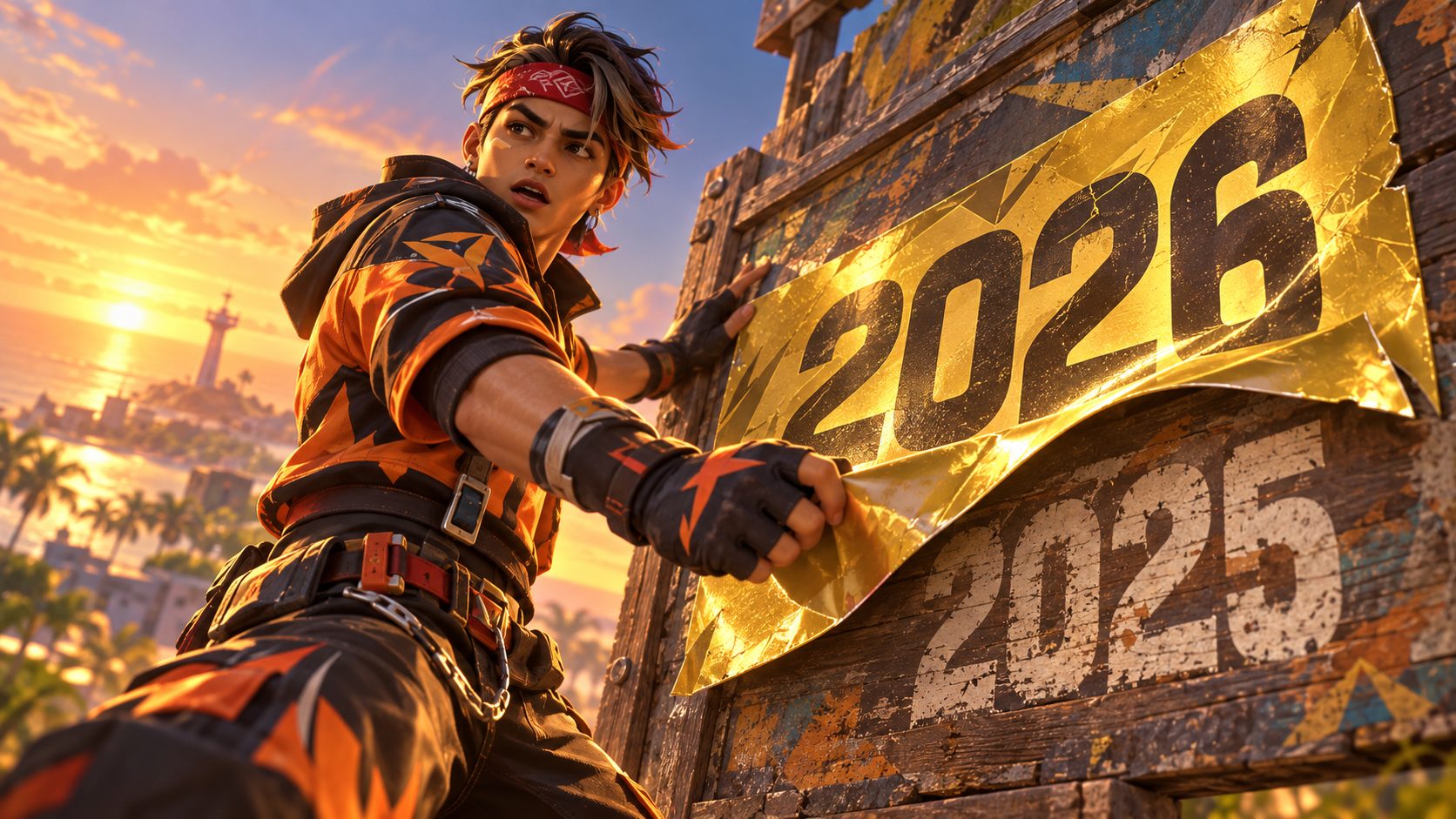 Un personaje de Free Fire arranca una pegatina de 2026 y debajo aparece 2025
