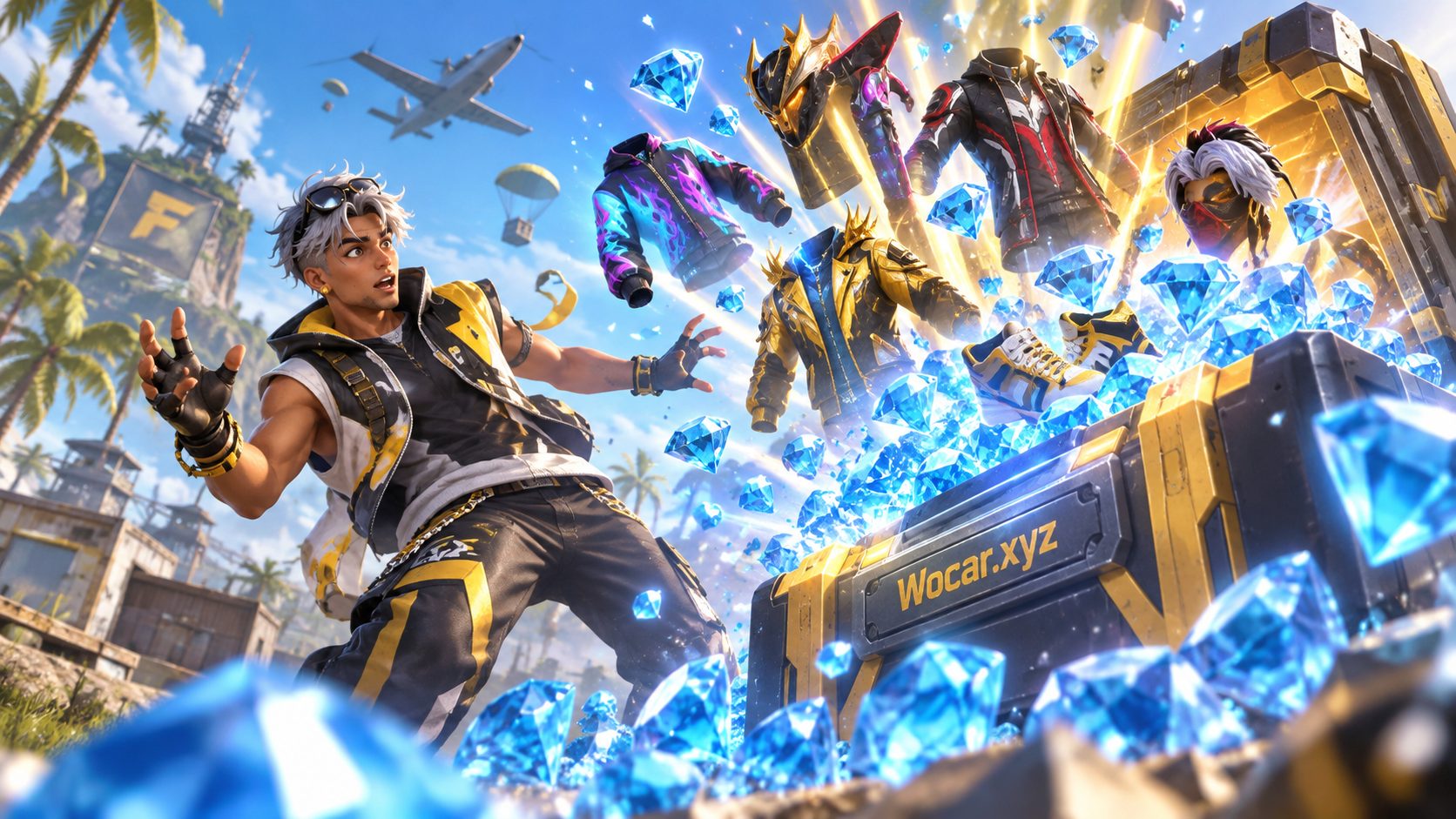 Jugador de Free Fire ante una caja de botín que suelta diamantes y skins