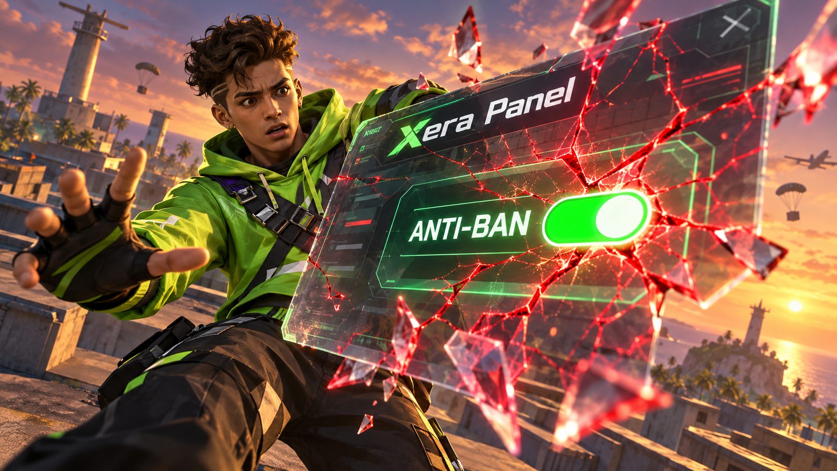 Jugador de Free Fire sorprendido ante un panel flotante de Xera Panel con el interruptor Anti-Ban encendido que se agrieta en rojo