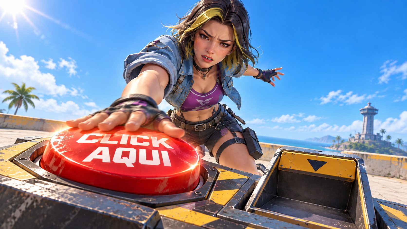 Superviviente de Free Fire pulsando un gran botón rojo CLICK AQUI sin recibir premio