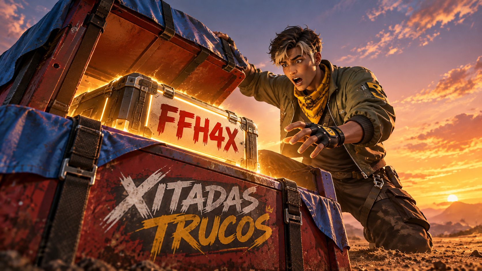 Superviviente de Free Fire abre una caja con la etiqueta Xitadas Trucos y dentro hay otra marcada FFH4X