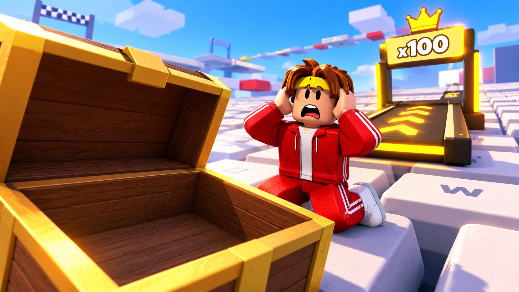 Avatar de Roblox junto a la Caminadora de Administrador mirando un cofre de códigos vacío