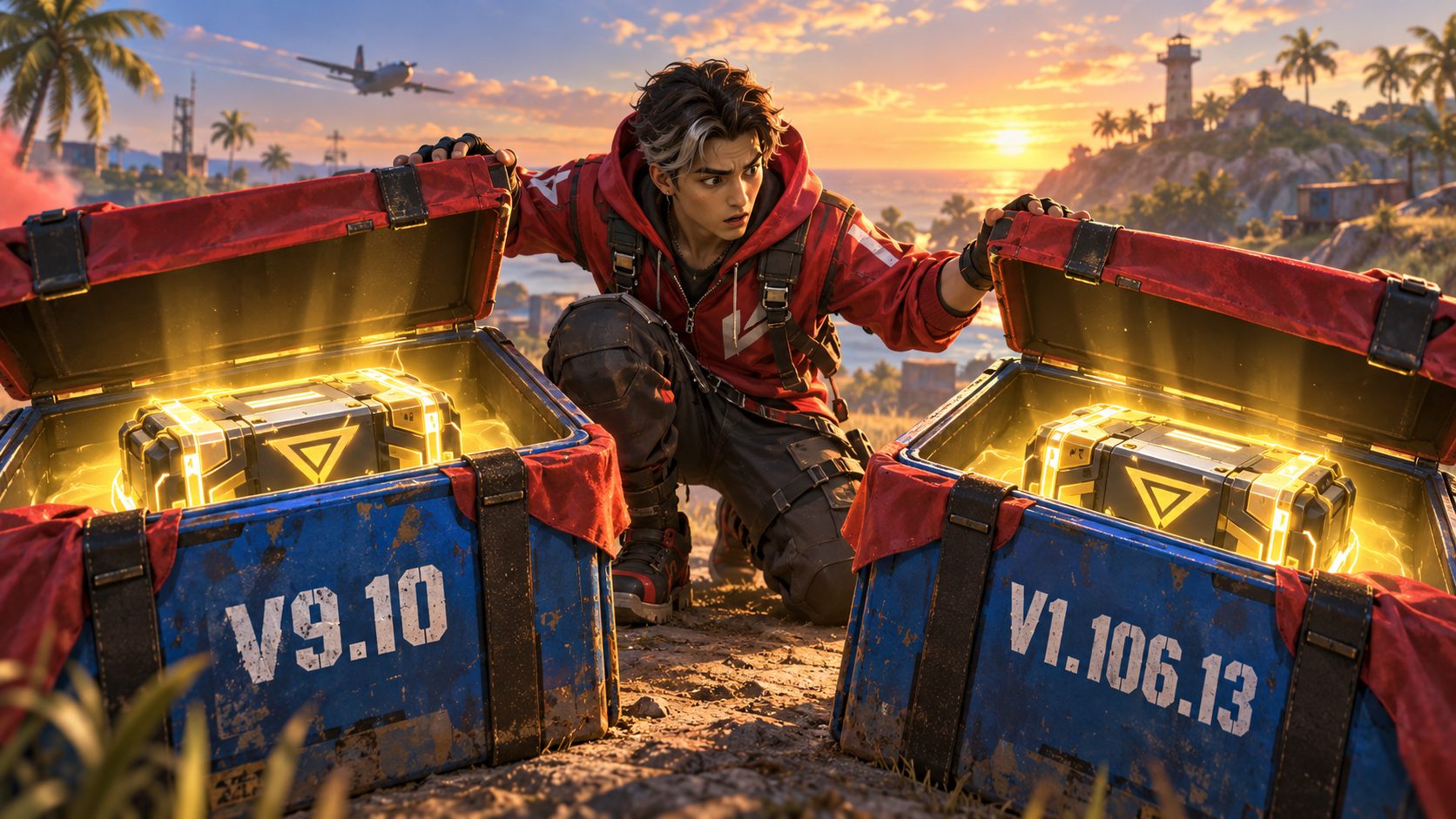 Dos cajas de suministros de Free Fire con las versiones V9.10 y V1.106.13 que guardan el mismo paquete