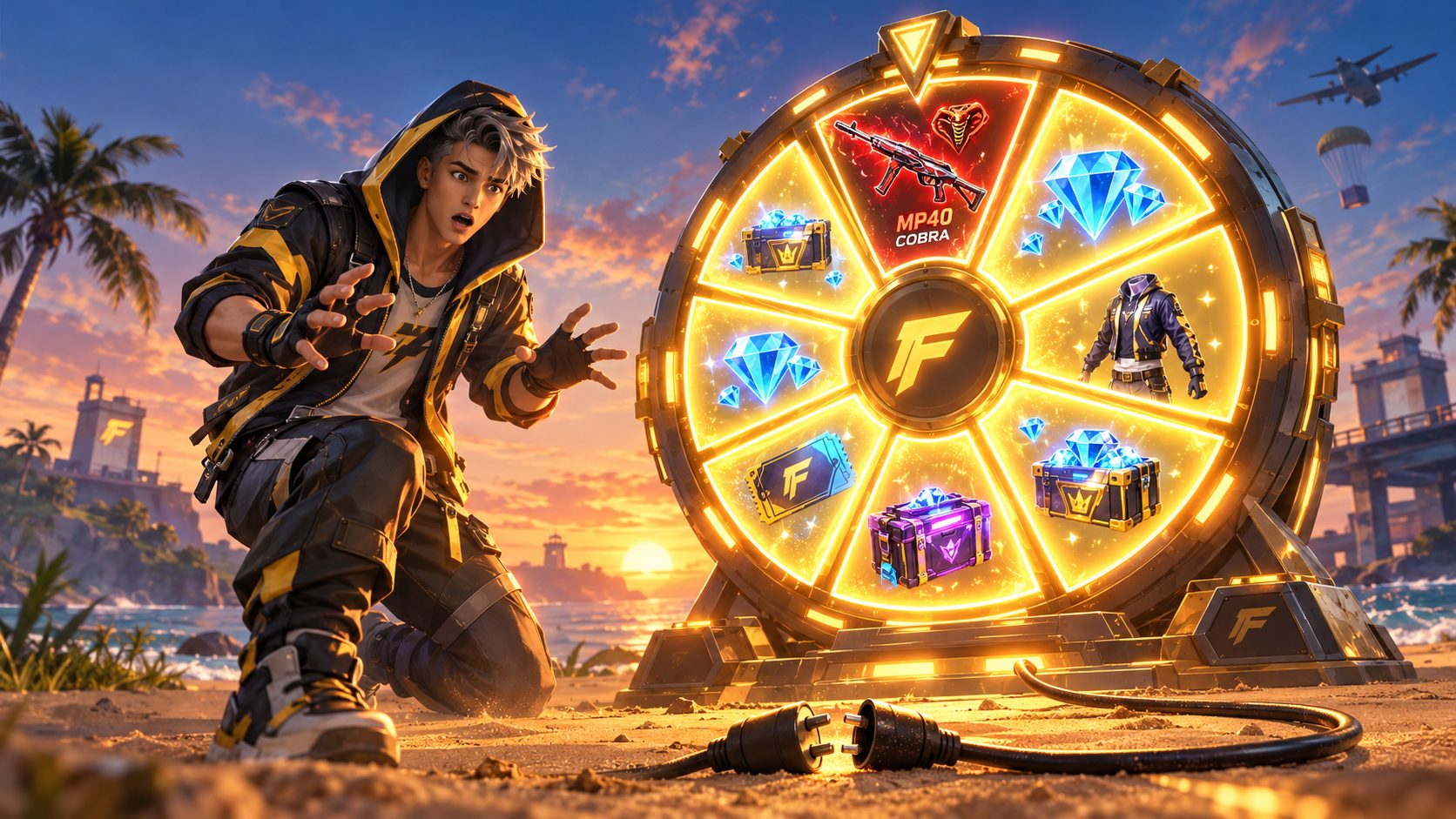 Jugador de Free Fire ante una ruleta de premios gigante desconectada en la isla de Bermuda