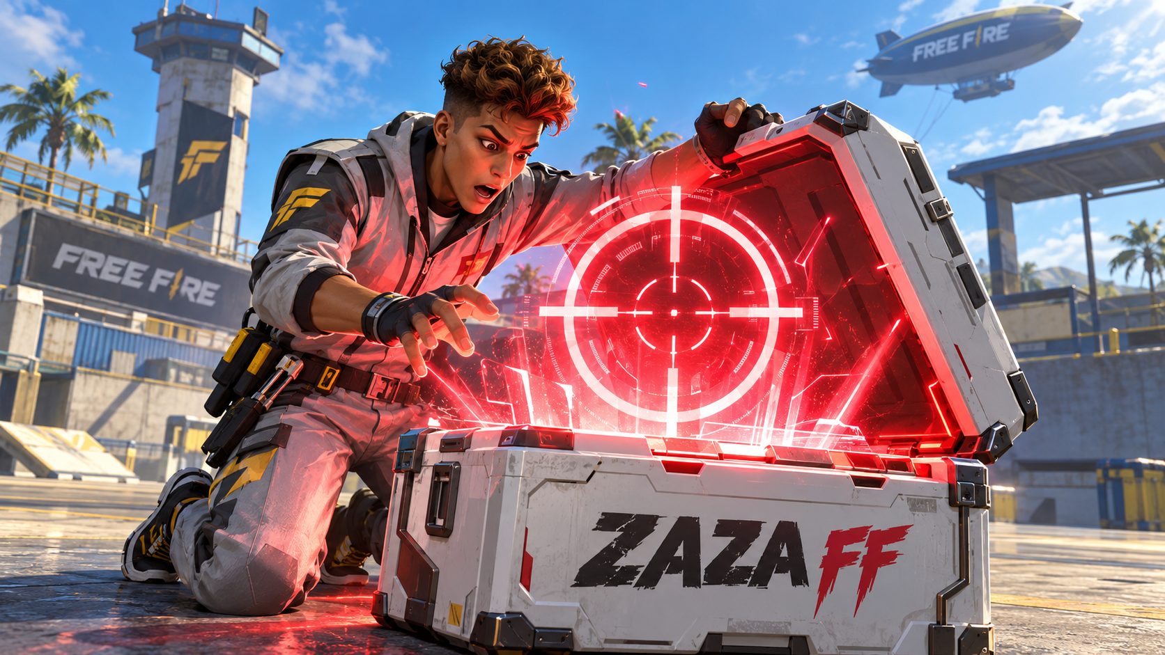 Superviviente de Free Fire abre una caja de Zaza FF de la que sale una mira roja de aimbot
