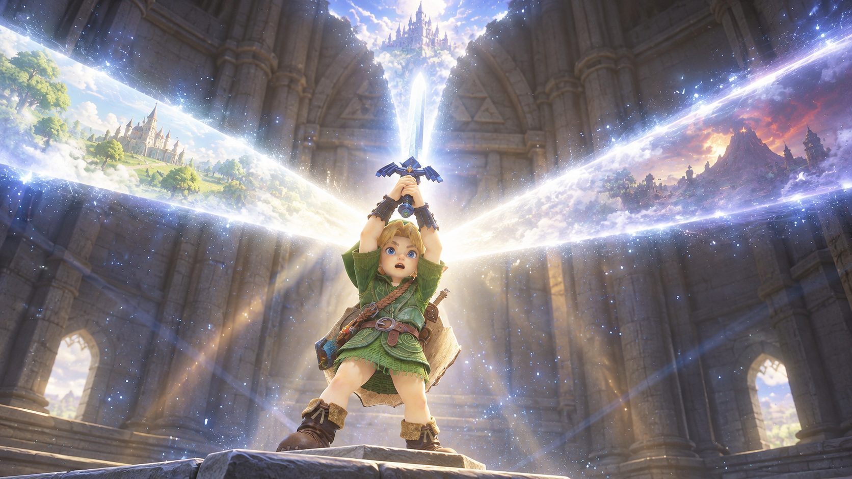 Link en el Templo del Tiempo de Zelda Ocarina of Time con la luz dividida en tres caminos