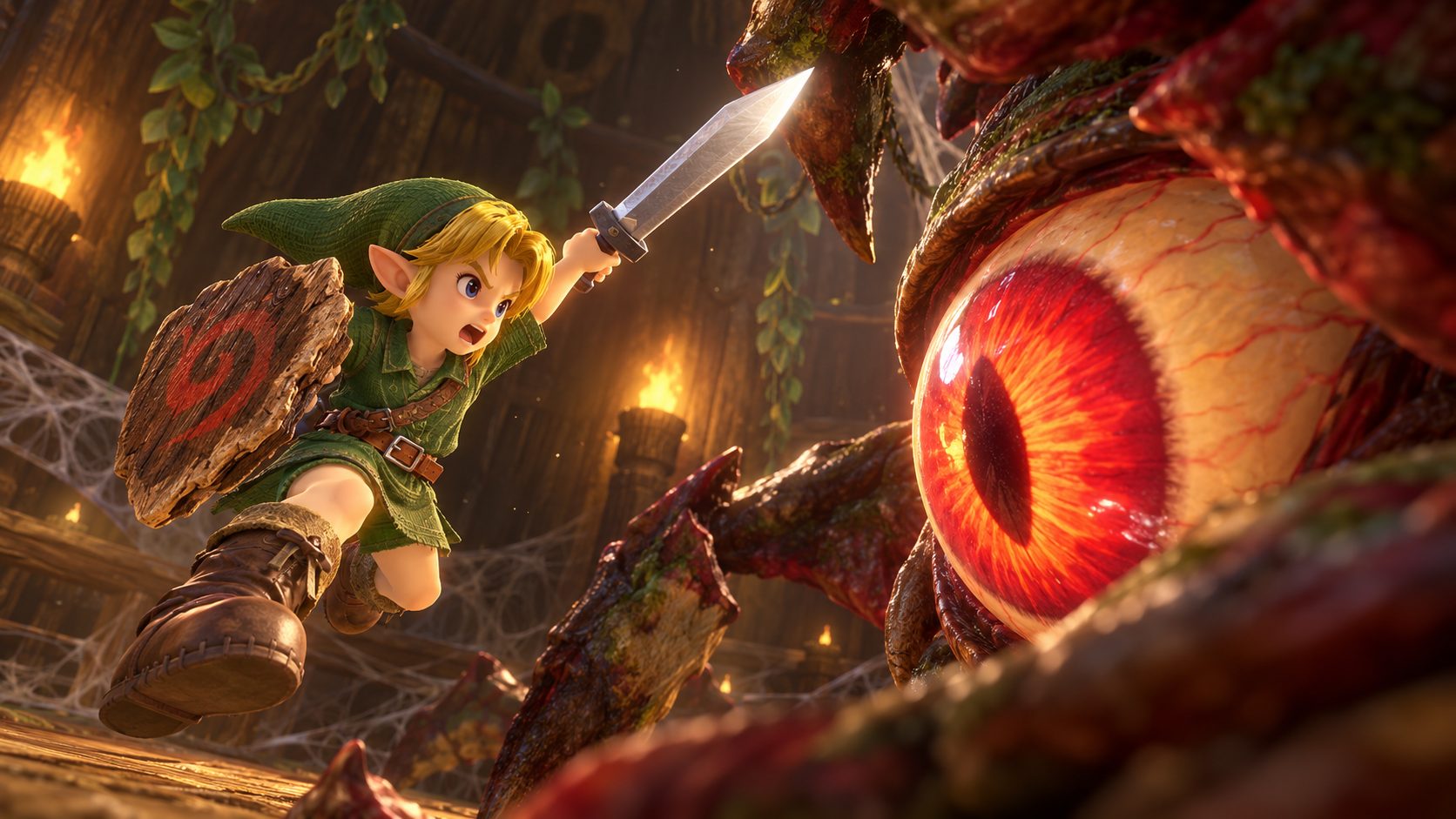Link joven ataca a la Reina Gohma dentro del Gran Árbol Deku en Zelda Ocarina of Time
