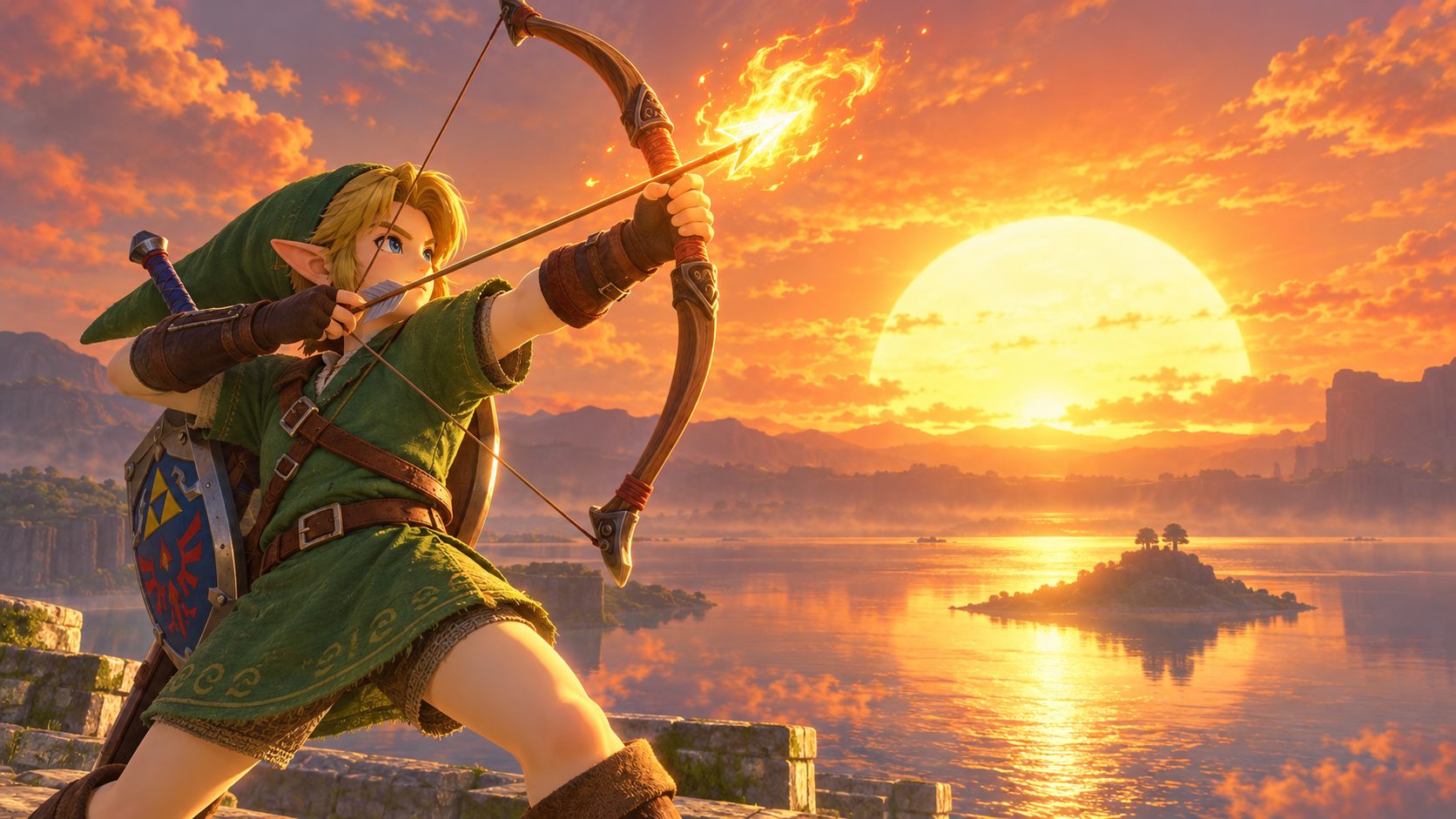 Link adulto apunta con el arco al sol al amanecer en el Lago Hylia de Zelda Ocarina of Time