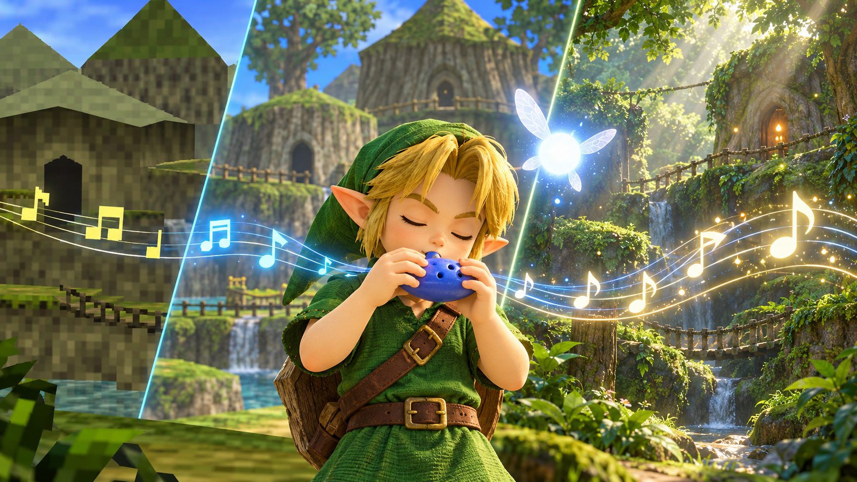 Link niño toca la ocarina en el bosque Kokiri dividido en tres estilos gráficos: Nintendo 64, 3DS y el remake de Switch 2