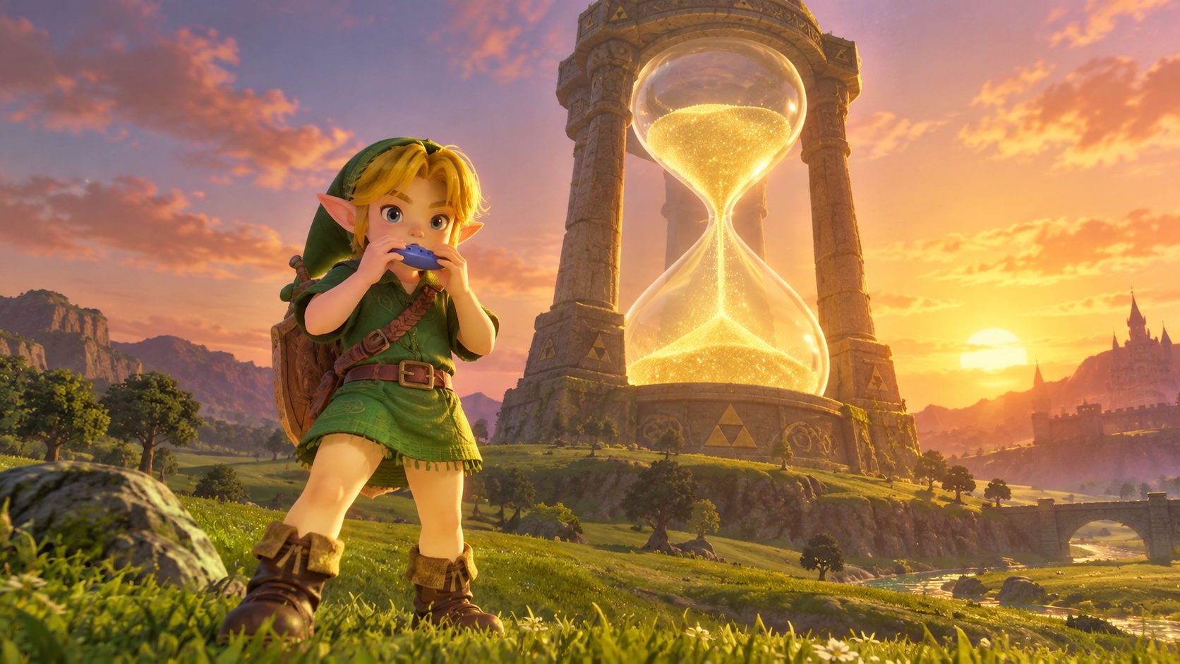 Link niño en la campiña de Hyrule con un enorme reloj de arena detrás