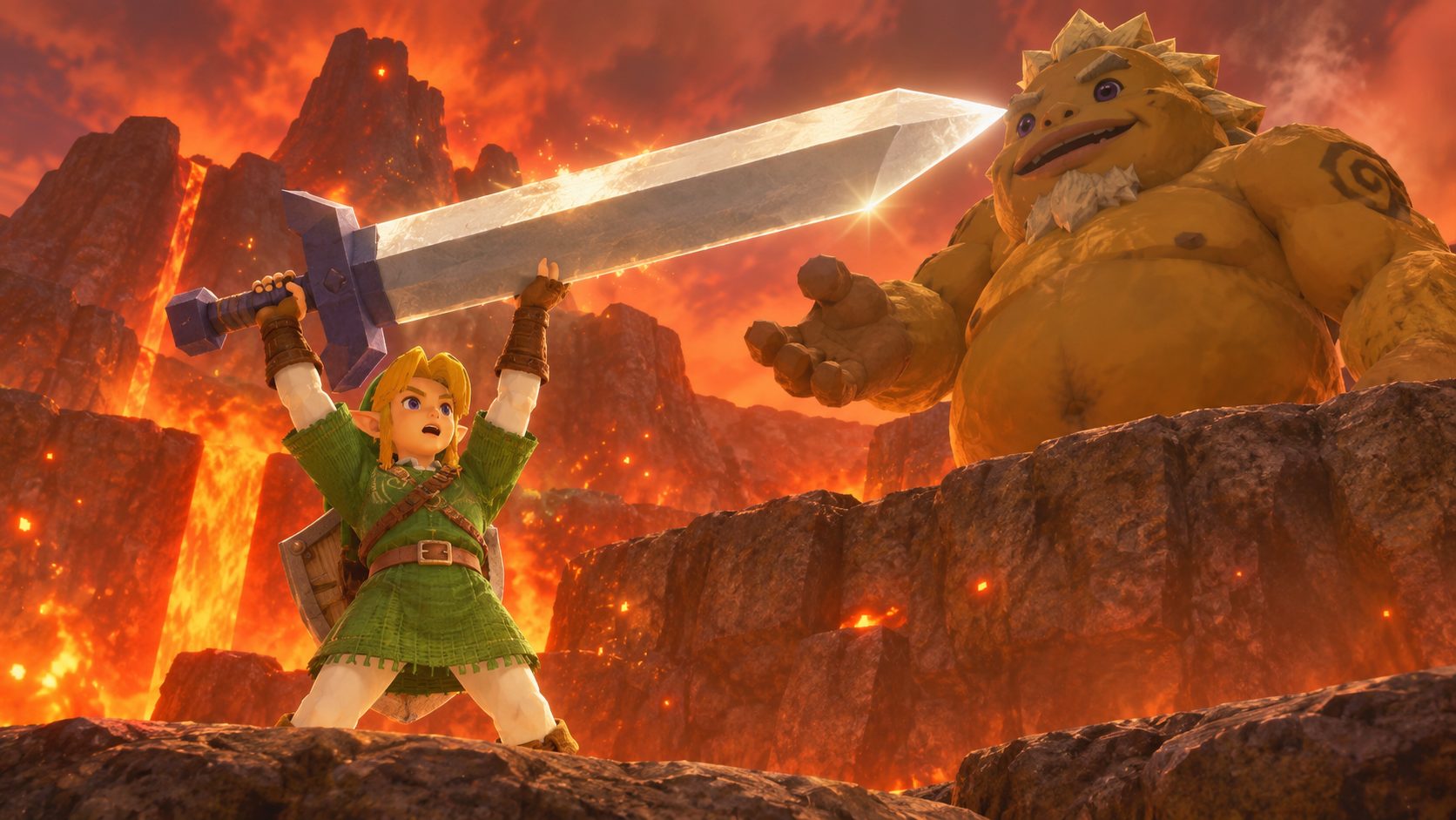 Link adulto levanta la Espada de Biggoron en Zelda Ocarina of Time