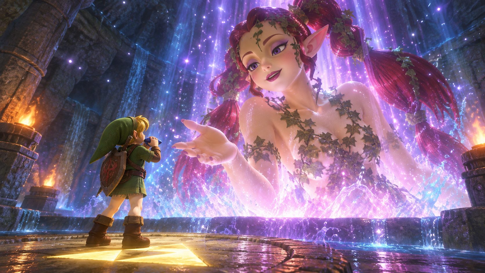 Link toca la ocarina ante una gran hada en Zelda Ocarina of Time
