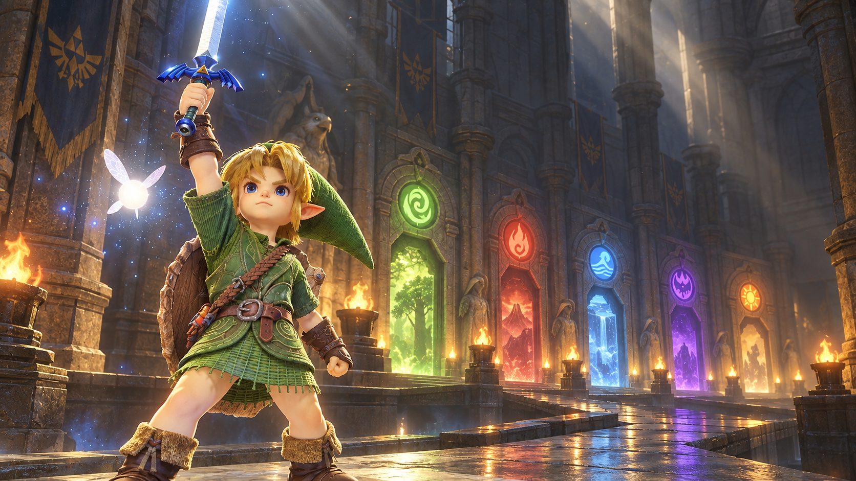 Link ante las puertas de las mazmorras de Zelda Ocarina of Time