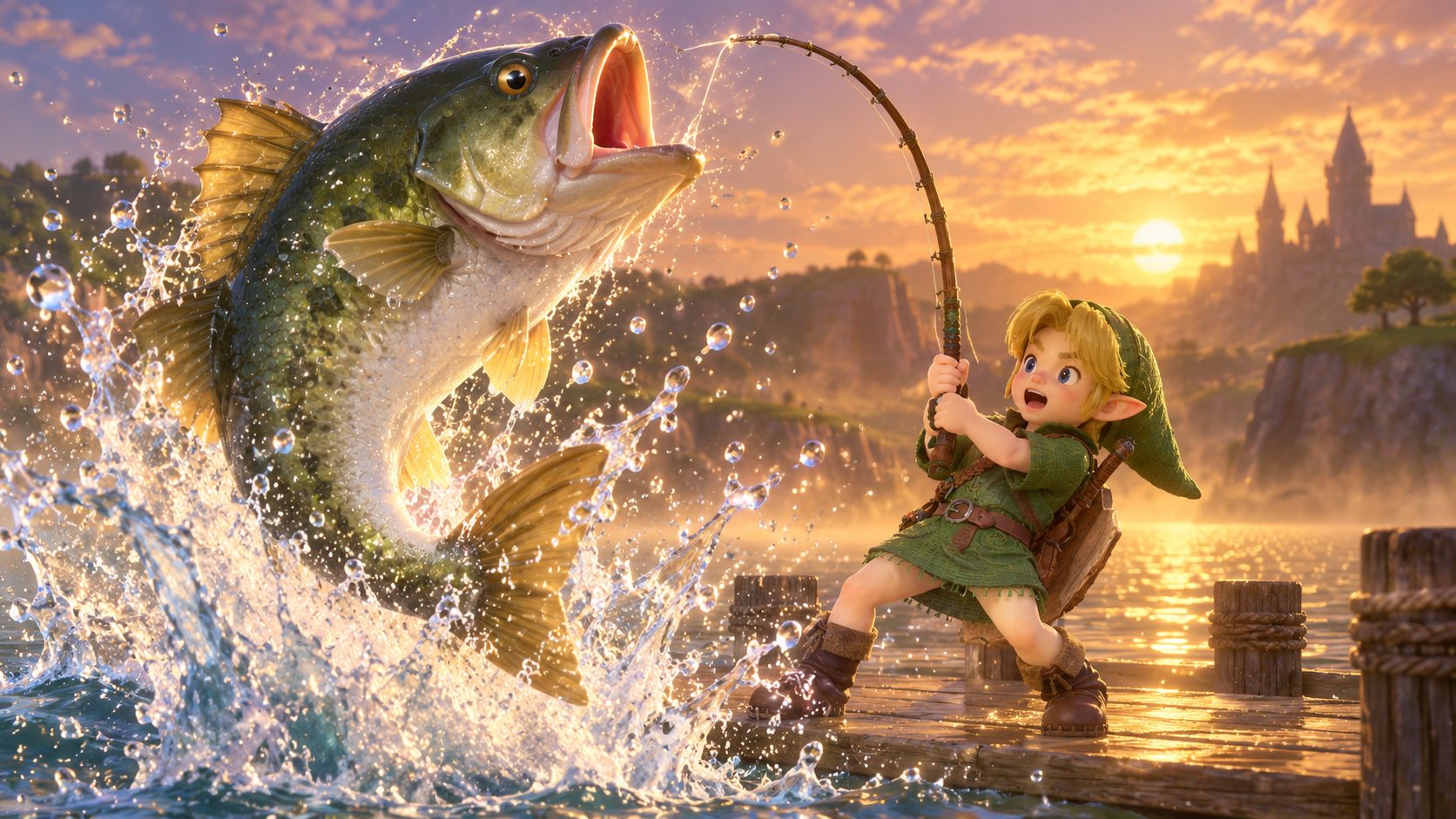 Link niño saca un pez enorme en el estanque de pesca del Lago Hylia en Zelda Ocarina of Time