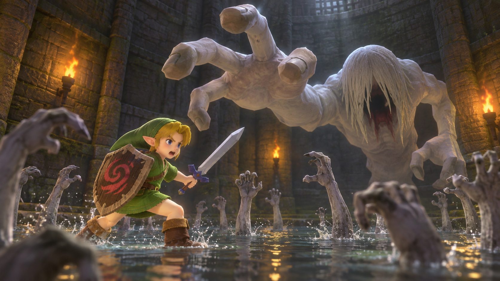 Link niño frente a Dead Hand en el Pozo de Kakariko de Zelda Ocarina of Time