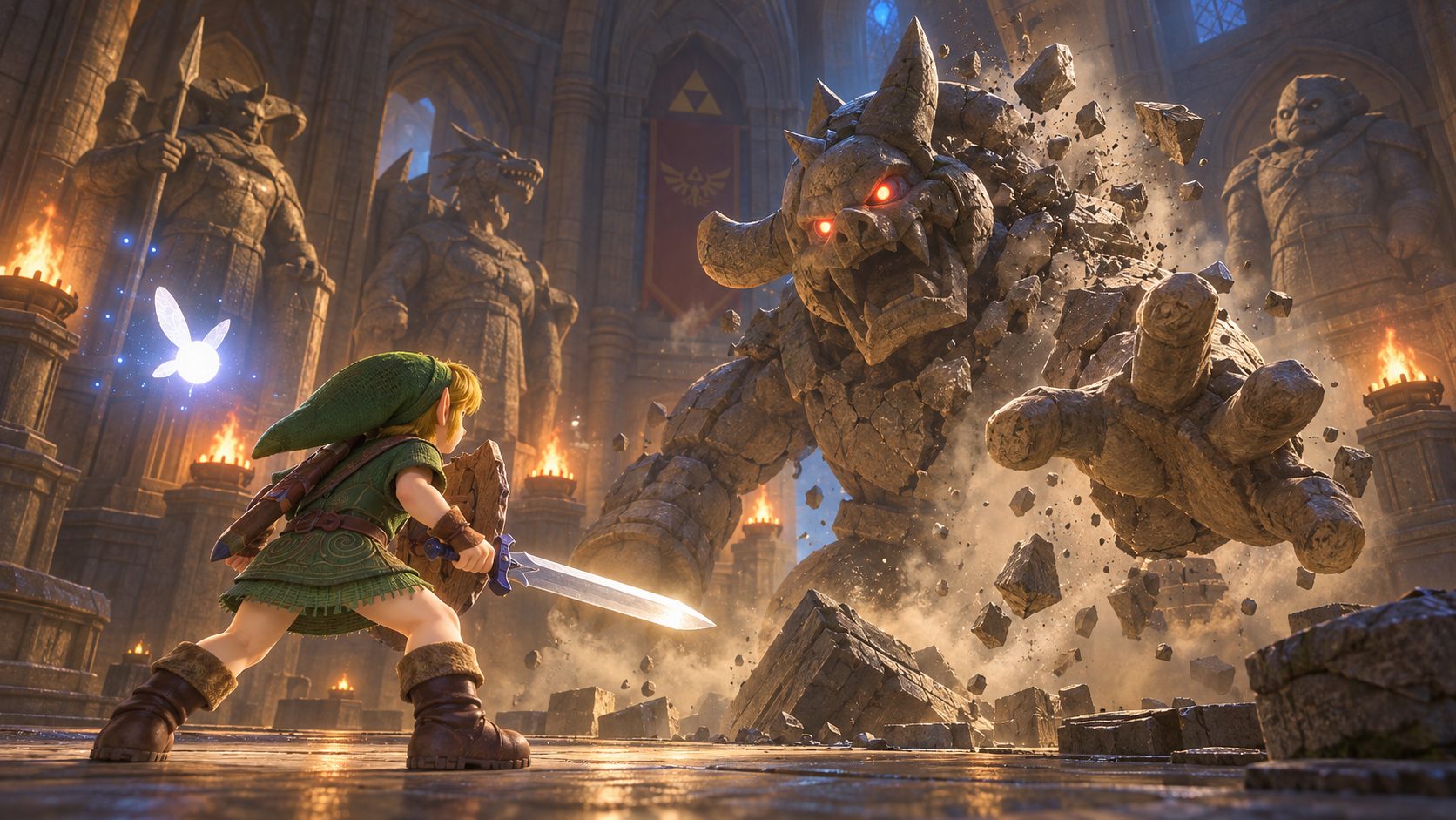 Link niño ante una estatua de monstruo que cobra vida en la sala nueva del remake de Zelda Ocarina of Time