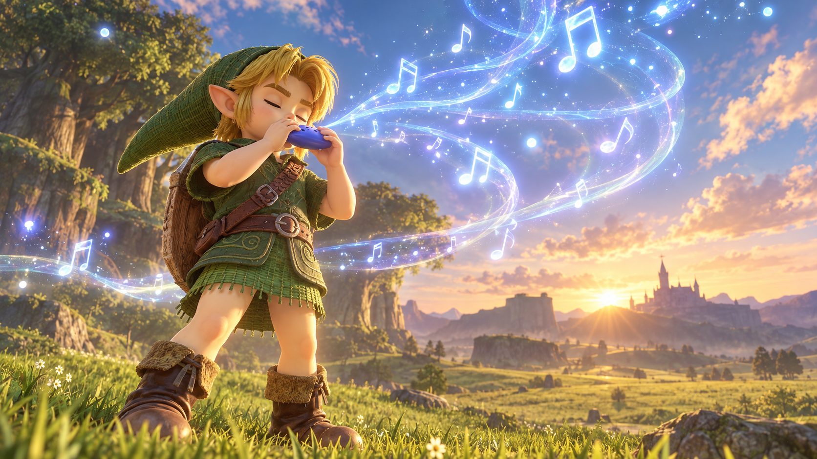 Link joven tocando la Ocarina del Tiempo en la campiña de Hyrule al amanecer