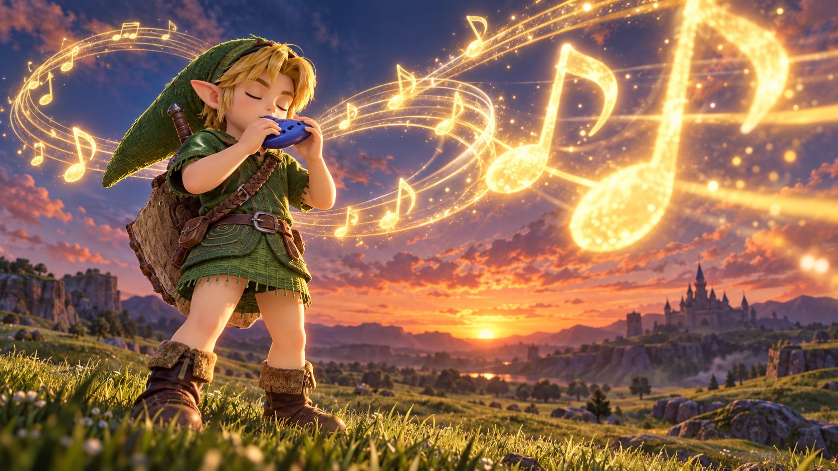 Link niño toca la Ocarina del Tiempo en la pradera de Hyrule en el remake de Switch 2