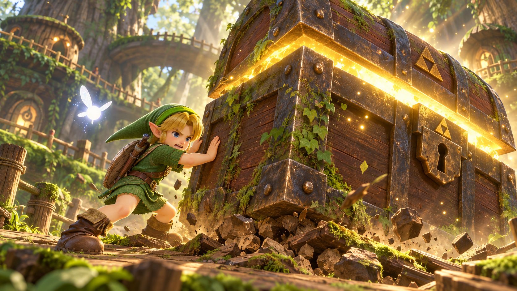 Link niño empuja un cofre gigante en el bosque Kokiri del remake de Zelda Ocarina of Time