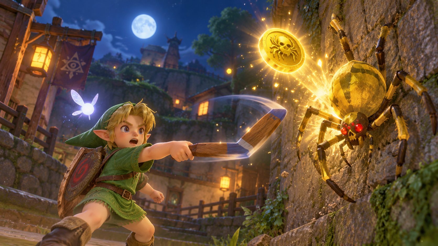 Link niño golpea una Skulltula dorada de noche en la Aldea Kakariko en Zelda Ocarina of Time