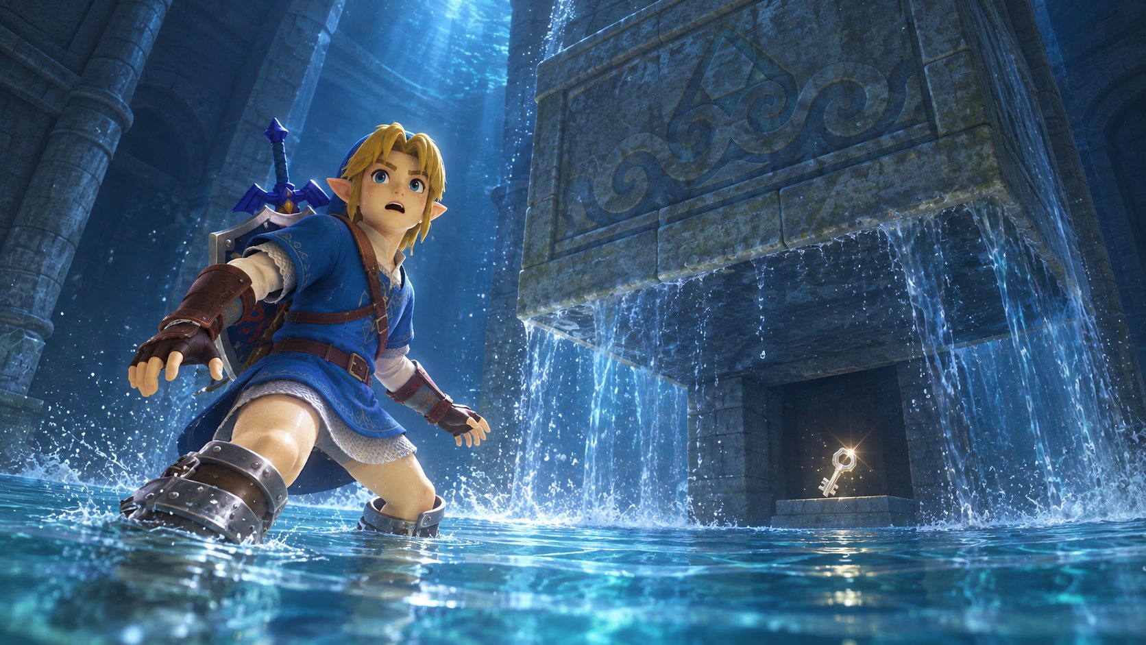 Link con la Túnica Zora en la torre central del Templo del Agua de Zelda Ocarina of Time
