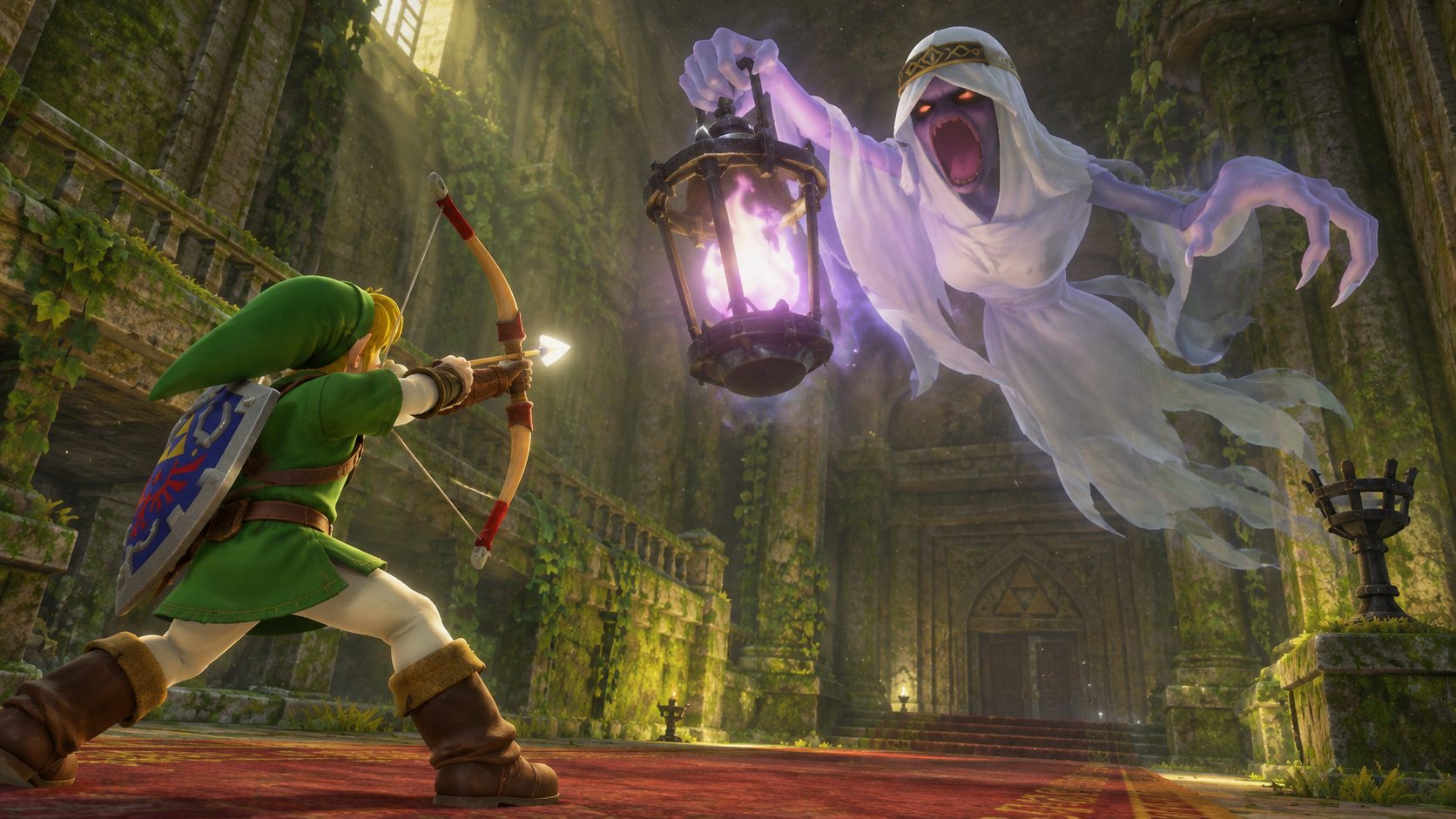 Link apunta con el Arco de las Hadas a una hermana Poe en el Templo del Bosque de Zelda Ocarina of Time