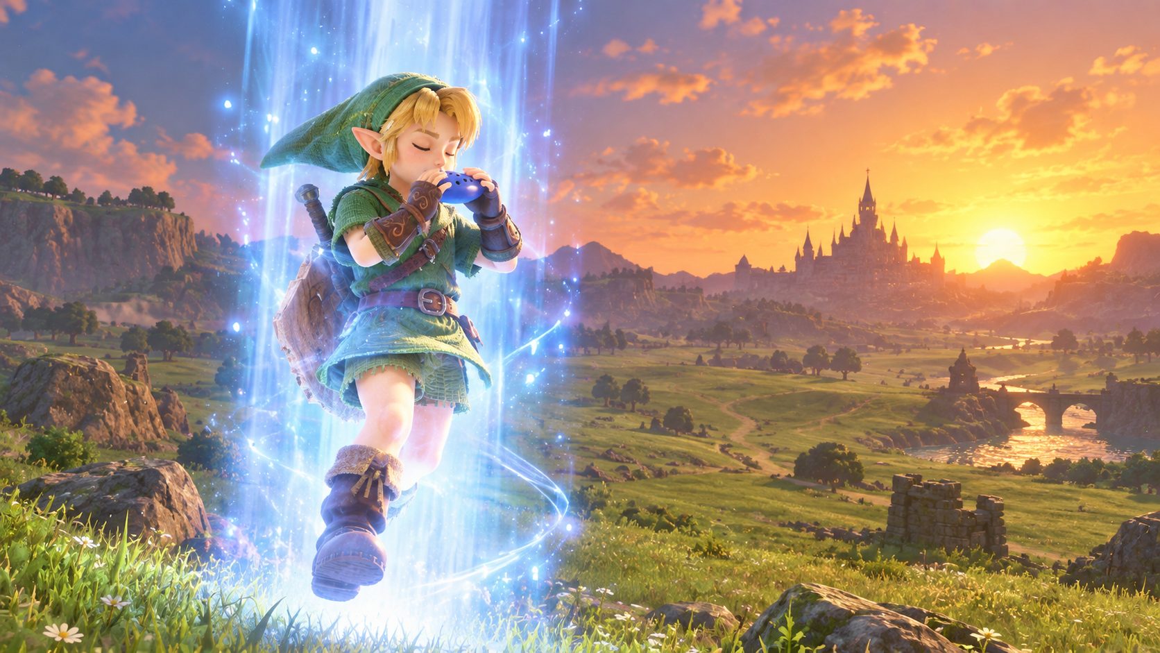 Link toca la ocarina y se teletransporta sobre la campiña de Hyrule en Zelda Ocarina of Time