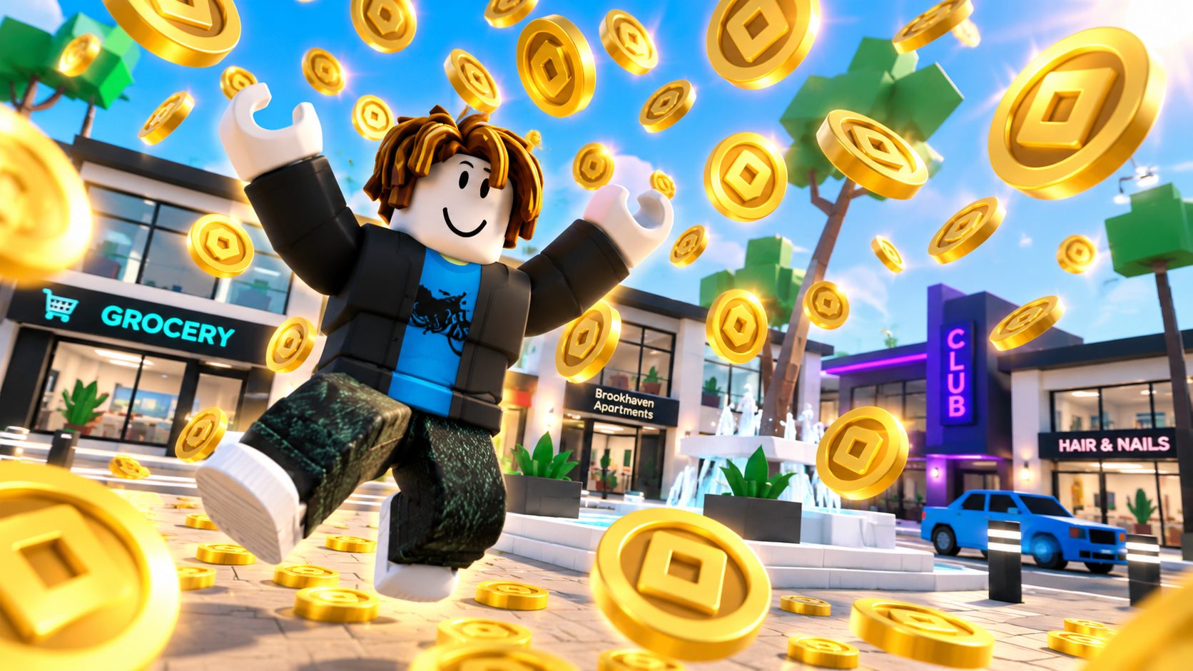 Avatar de Roblox atrapando una lluvia de Robux en una plaza de Roblox