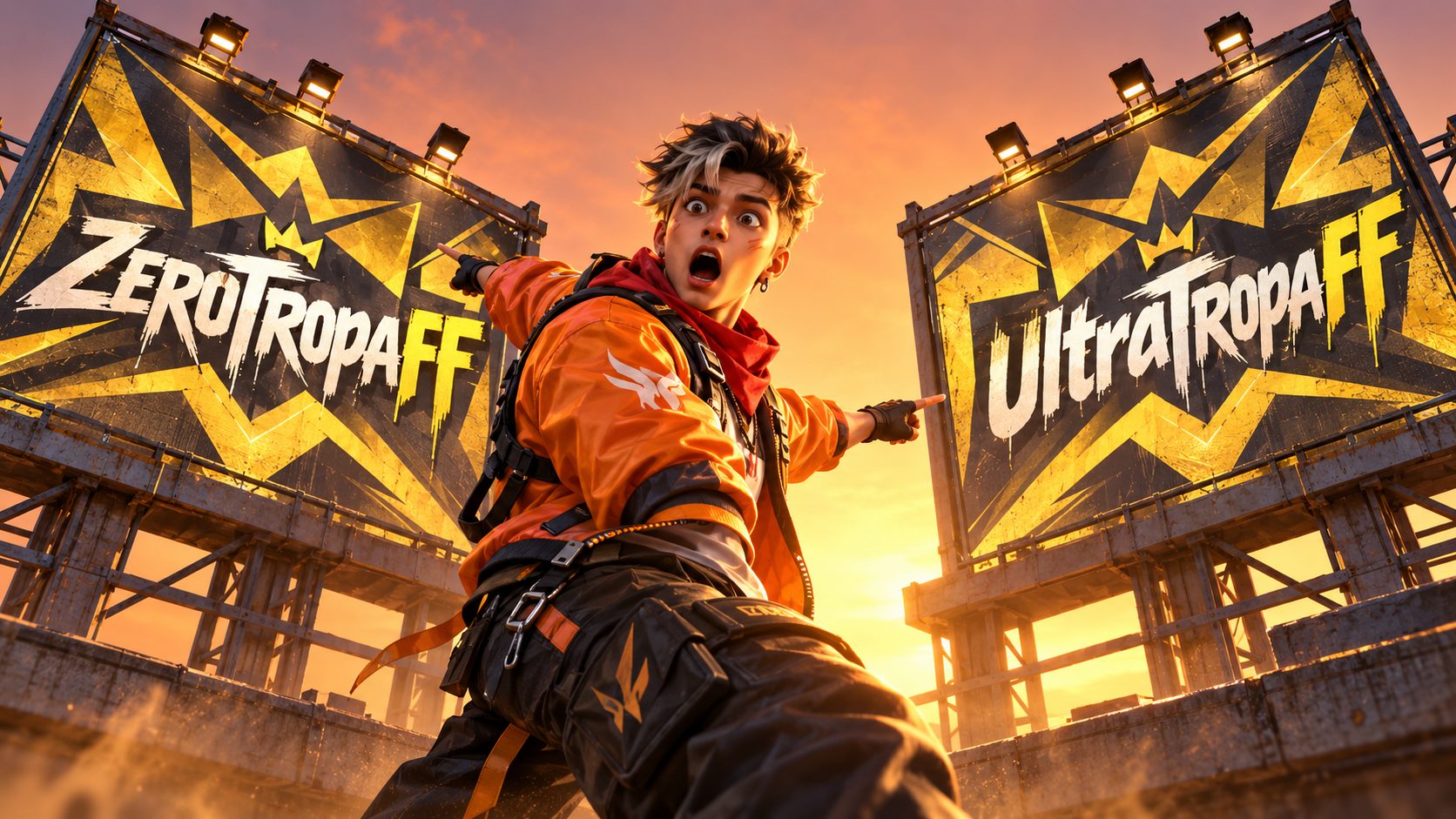 Un superviviente de Free Fire señala sorprendido dos carteles gigantes idénticos con los nombres ZeroTropaFF y UltraTropaFF