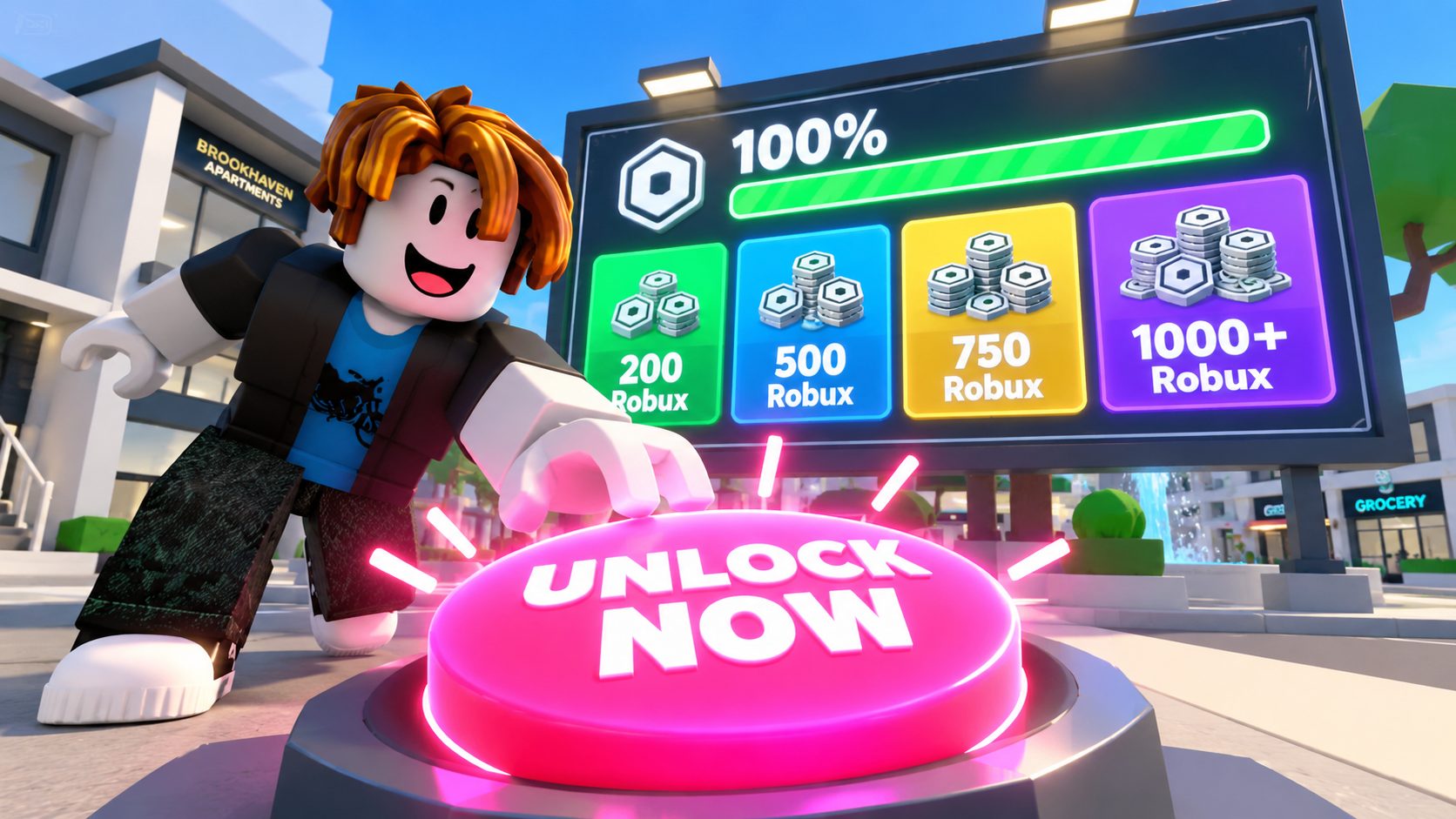 Avatar de Roblox a punto de pulsar el botón UNLOCK NOW del test de Robux de Zielofaire