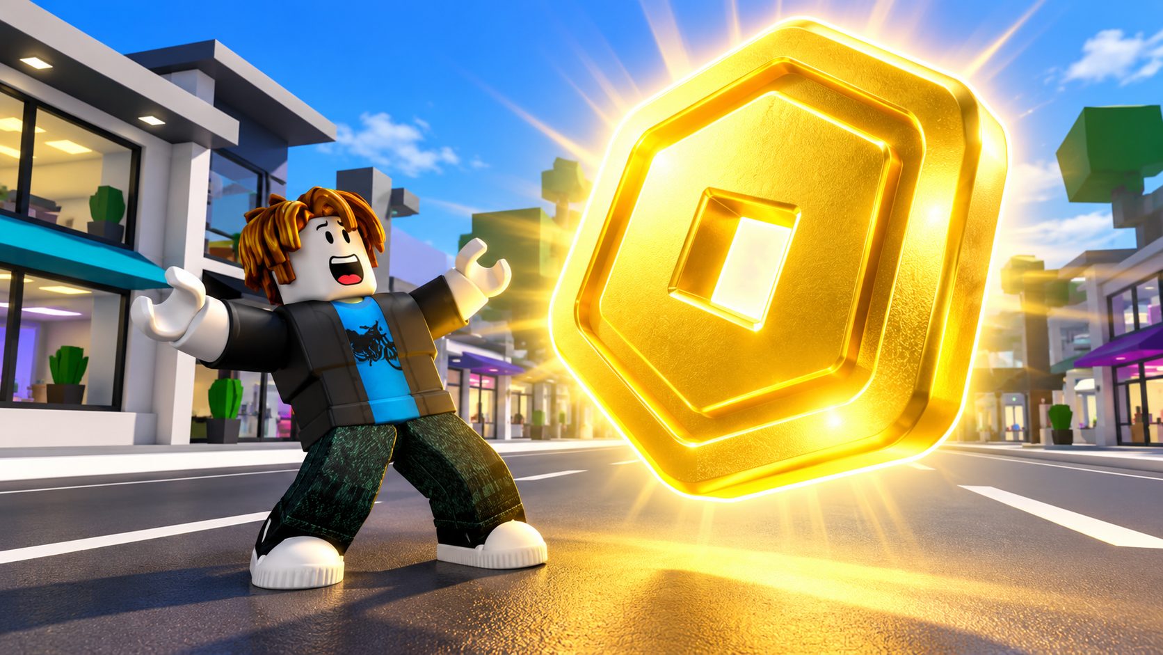 Avatar de Roblox sorprendido ante una moneda gigante de Robux