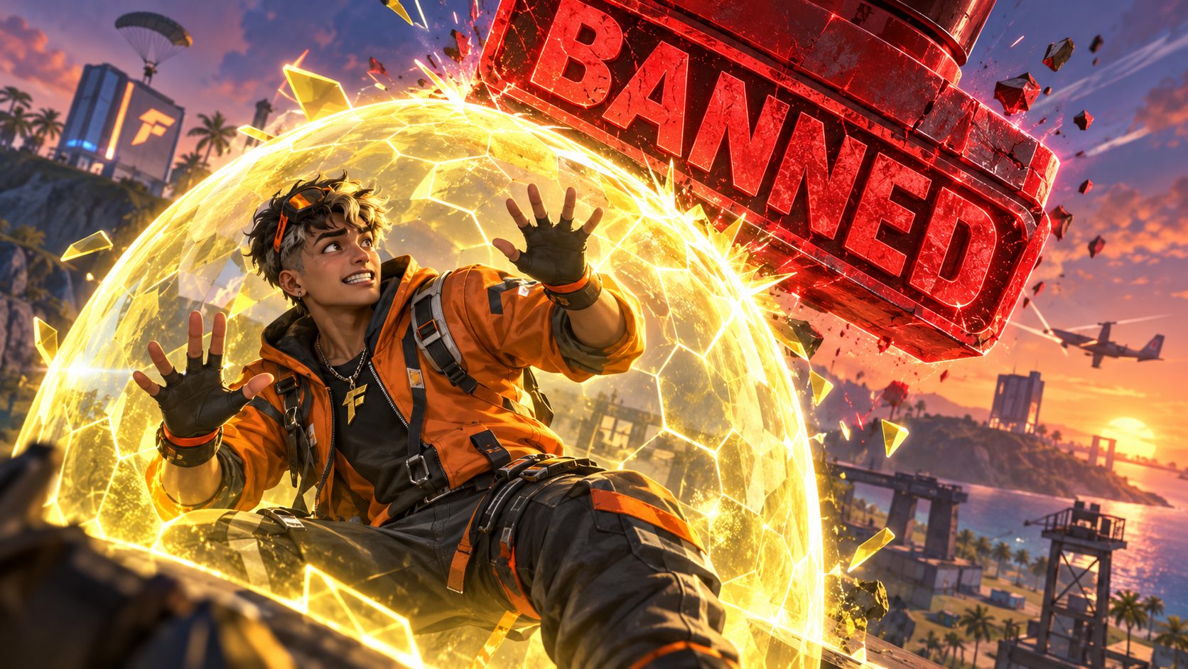 Jugador de Free Fire dentro de un escudo dorado con un sello de baneo encima